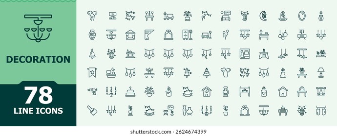 Conjunto de ícones de decoração. Ícones mínimos da moda. Coleção de ícones de decoração. Ele contém símbolos para decoração, casa, móveis, arte, casa, casa e muito mais.
