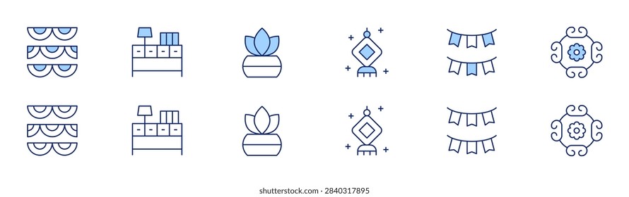 Decoration icon set in two styles, Duotone and Thin Line style. Editable stroke. mardigras, drawer, decoration, fern, floraldesign