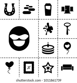 Decoration icons. set of 13 editable filled decoration icons such as drink, tie, heart baloons, cake, photo, door, horseshoe, sofa, star, splash, spa stone