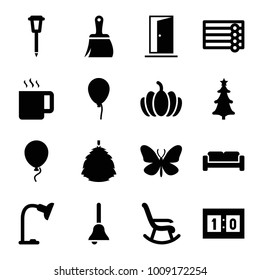 Decoration icons. set of 16 editable filled decoration icons such as sofa, butterfly, wooden wall, baloon, rocking chair, pumpkin, street lamp, table lamp, christmas tree
