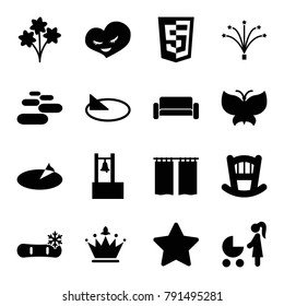 Decoration icons. set of 16 editable filled decoration icons such as baby bed, star, woman with baby carriage, bouquet, heart, shield, fireworks, curtain, butterfly, sundial