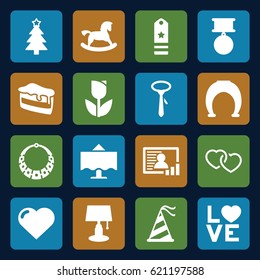 Decoration icons set. set of 16 decoration filled icons such as horse toy, heart, tie, Christmas tree, piece of cake, love word, party hat, photo, restaurant table, rank