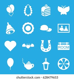 Decoration icons set. set of 16 decoration filled icons such as teapot, piece of cake, street lamp, lemon, devil heart with wings, heart baloons, balloon, bell, garland