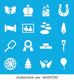 Decoration icons set. set of 16 decoration filled icons such as plane, brick wall, baloon, mirror, wings, pine-tree, street lamp, bow, candle heart, ribbon, manuscript