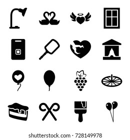 Decoration icons set. set of 16 decoration filled icons such as grape, window, mirror, balloon, paint brush, piece of cake, swan heart, heart angel wings, door ringer