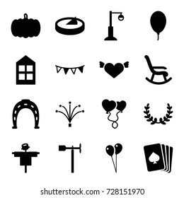 Decoration icons set. set of 16 decoration filled icons such as pumpkin, scarecrow, window, pllaying card, horseshoe, balloon, heart with wings, street lamp, weather vane