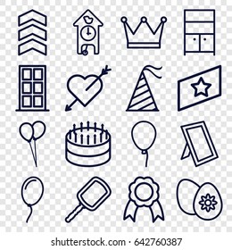 Decoration icons set. set of 16 decoration outline icons such as door, baloon, mirror, balloon, wardrobe, party hat, ribbon, easter egg, photo, cuckoo clock, rank, cake, crown