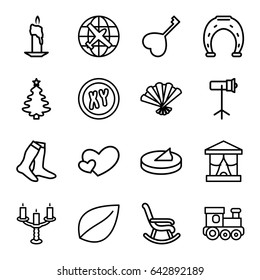 Decoration icons set. set of 16 decoration outline icons such as plane, train toy, leaf, socks, heart, heart key, fan, studio lapm, candlestick, sundial, xy, christmas tree