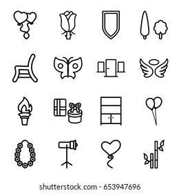 Decoration icons set. set of 16 decoration outline icons such as wings, bamboo, balloon, rose, outdoor chair, heart baloons, heart balloons, cupboard, garland, studio lapm