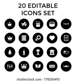 Decoration icons. set of 20 editable filled decoration icons such as window, crown, hearts, crown, cake, stage, candle. best quality decoration elements in trendy style.