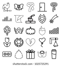 Decoration icons. set of 25 editable outline decoration icons such as pumpkin, tree, drink, wings, necklace, tie, tulip, falling star, endless battery, heart baloons, present