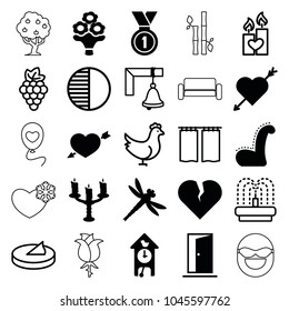 Decoration Icons. Set Of 25 Editable Filled And Outline Decoration Icons Such As Heart With Arrow, Broken Heart, Bouquet Flower, Candlestick, Medal, Cuckoo Clock, Dragonfly