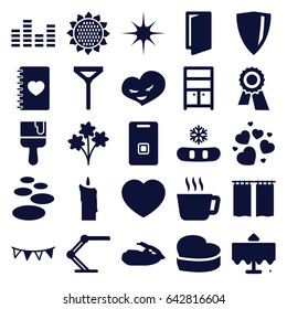 Decoration icons set. set of 25 decoration filled icons such as sunflower, restaurant table, door, wardrobe, tie, award, paint brush, notebook with heart, heart, heart cake