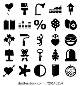 Decoration icons set. set of 25 decoration filled icons such as tree, door, splash, tie, paint brush, emot in sun glasses, pine-tree, nesting house, heart baloons, bear teddy