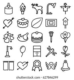 Decoration icons set. set of 25 decoration outline icons such as moose, chicken, rose, scarecrow, wings, leaf, wardrobe, cake, street lamp, nesting house, heart, heart lock