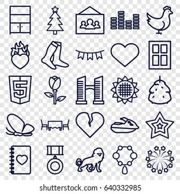 Decoration icons set. set of 25 decoration outline icons such as lion, butterfly, chicken, berry, sunflower, rose, window, bridge, necklace, socks, notebook with heart