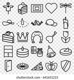 Decoration icons set. set of 25 decoration outline icons such as scarecrow, butterfly, door, crown, piece of cake, lovebirds, heart key, cupboard, cake, bell, photo, candle