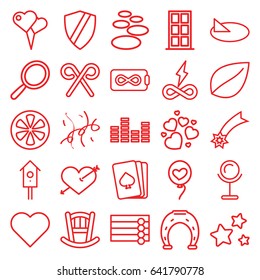 Decoration icons set. set of 25 decoration outline icons such as wooden wall, door, baby bed, mirror, leaf, pllaying card, nesting house, lemon, heart, heart baloons
