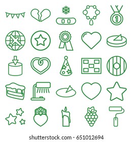 Decoration icons set. set of 25 decoration outline icons such as plane, grape, heart, necklace, award, piece of cake, heart frozen, party flag, party hat, star, photo