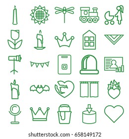 Decoration icons set. set of 25 decoration outline icons such as sunflower, window, train toy, mirror, crown, cravat, paint bucket, devil heart with wings, broken heart
