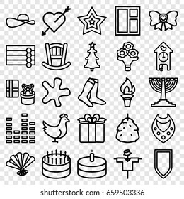 Decoration icons set. set of 25 decoration outline icons such as chicken, berry, scarecrow, wooden wall, baby bed, necklace, splash, window, socks, present, bow, equalizer