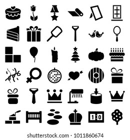 Decoration icons. set of 36 editable filled decoration icons such as tree, brick wall, baby bed, baloon, female, mirror, present, table lamp, spa stone, entrance, lovebirds