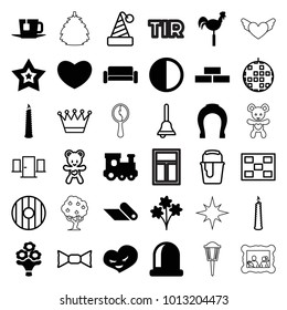 Decoration icons. set of 36 editable filled and outline decoration icons such as brick wall, train toy, bouquet, weather vane, heart, opened door, star, bouquet flower