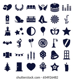 Decoration icons set. set of 36 decoration filled icons such as sunflower, tree, butterfly, sofa, plane, door, baloon, wings, bamboo, balloon, socks, brush, cake, street lamp
