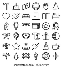 Decoration icons set. set of 36 decoration outline icons such as sofa, plane, tree, wooden wall, cake with one candle, necklace, feather and paper, brush, weather vane, heart