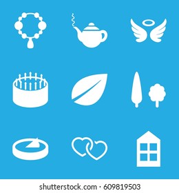 Decoration icons set. set of 9 decoration filled icons such as window, wings, necklace, teapot, leaf, cake, heart, tree