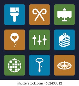 Decoration icons set. set of 9 decoration filled icons such as restaurant table, tie, paint brush, piece of cake, heart baloons, equalizer, candy cane, sundial