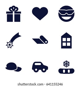 Decoration icons set. set of 9 decoration filled icons such as window, toy car, emot in sun glasses, heart, gift, carpet, baseball cap, falling star