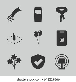Decoration icons set. set of 9 decoration filled icons such as drink, balloon, tie, door ringer, table lamp, sundial, falling star, bouquet
