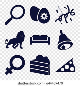 Decoration icons set. set of 9 decoration filled icons such as lion, sofa, female, mirror, confetti, easter egg, bell, sundial