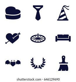 Decoration icons set. set of 9 decoration filled icons such as sofa, tie, brush, heart with arrow, devil heart with wings, heart cake, party hat, sundial