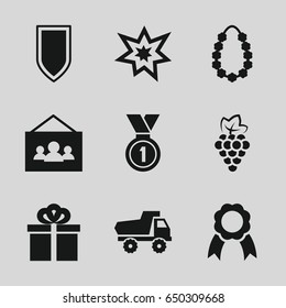 Decoration icons set. set of 9 decoration filled icons such as grape, toy car, ribbon, fireworks, gift, garland, photo, medal