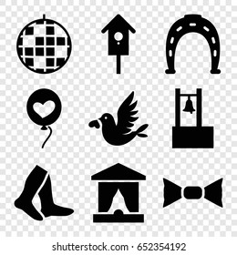 Decoration icons set. set of 9 decoration filled icons such as horseshoe, socks, bow tie, nesting house, heart baloons, love bird, bell, disco ball