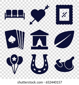 Decoration icons set. set of 9 decoration filled icons such as chicken, sofa, leaf, pllaying card, balloon, photo, horseshoe, stage
