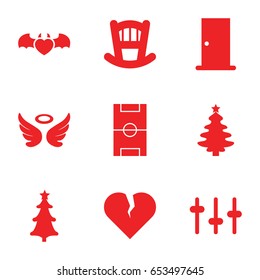 Decoration icons set. set of 9 decoration filled icons such as door, baby bed, wings, devil heart with wings, equalizer, christmas tree, football pitch, christmas tree