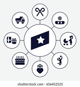 Decoration icons set. set of 9 decoration filled icons such as toy car, heart frozen, cake, candy cane, volleyball player, rank, snowflake, woman with baby carriage