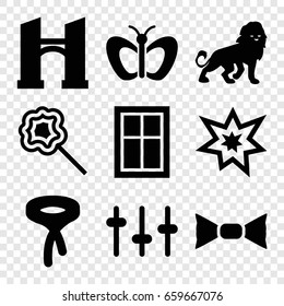 Decoration icons set. set of 9 decoration filled icons such as lion, window, bridge, butterfly, bow tie, tie, lollipop, equalizer