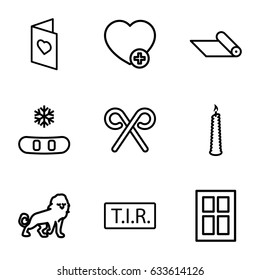 Decoration icons set. set of 9 decoration outline icons such as lion, window, tir, add favorite, candy cane, love card, candle, carpet