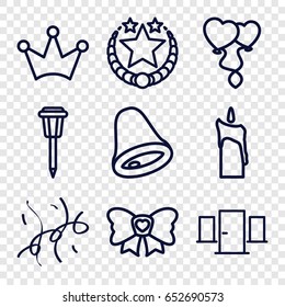 Decoration icons set. set of 9 decoration outline icons such as crown, street lamp, heart balloons, bow, confetti, candle, bell, door