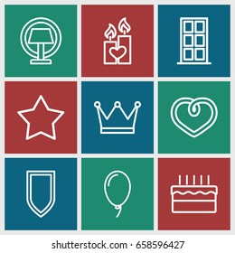 Decoration icons set. set of 9 decoration outline icons such as door, star, heart, candle heart, balloon, cake, table lamp, shield