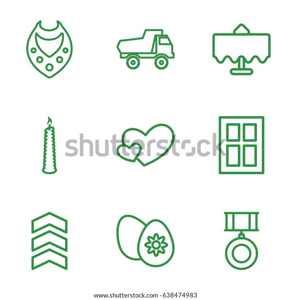 Decoration icons set. set of 9 decoration outline\
icons such as restaurant table, window, toy car, necklace, heart,\
easter egg, candle,\
rank