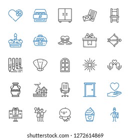 decoration icons set. Collection of decoration with bast, cake, bird, birch, gift, love, door, chair, flood, vase, love birds, star, seashell. Editable and scalable decoration icons.