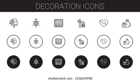 Decoration Icons Set. Collection Of Decoration With Birdhouse, Mirror Ball, Watercolor, Terracotta, Broken Heart, Gifts. Editable And Scalable Decoration Icons.