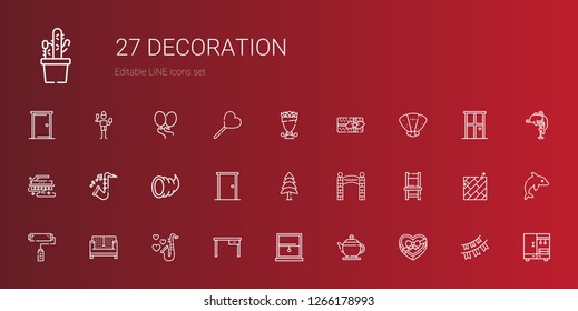 decoration icons set. Collection of decoration with chocolate box, teapot, window, table, saxophone, sofa, paint roller, chair, entrance. Editable and scalable decoration icons.