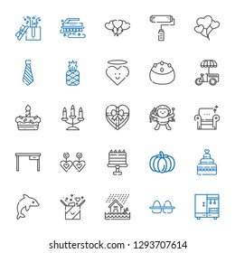 decoration icons set. Collection of decoration with closet, eggs, flood, gift, dolphin, wedding cake, pumpkin, cake, earrings, table, armchair. Editable and scalable decoration icons.