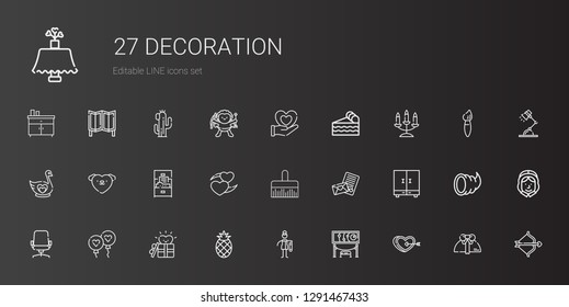 decoration icons set. Collection of decoration with heart, exhibition, bast, pineapple, gift, balloon, desk chair, closet, love letter. Editable and scalable decoration icons.